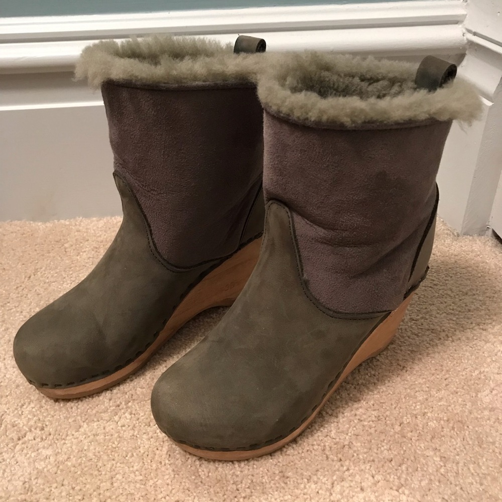 No.6 5” shearling clog boot wedge in Storm suede